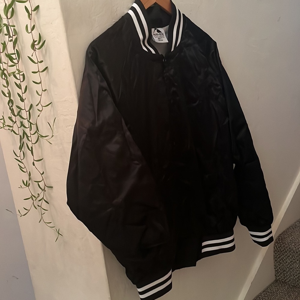 Like New Black and White Striped Trim Black Button Snap Jacket